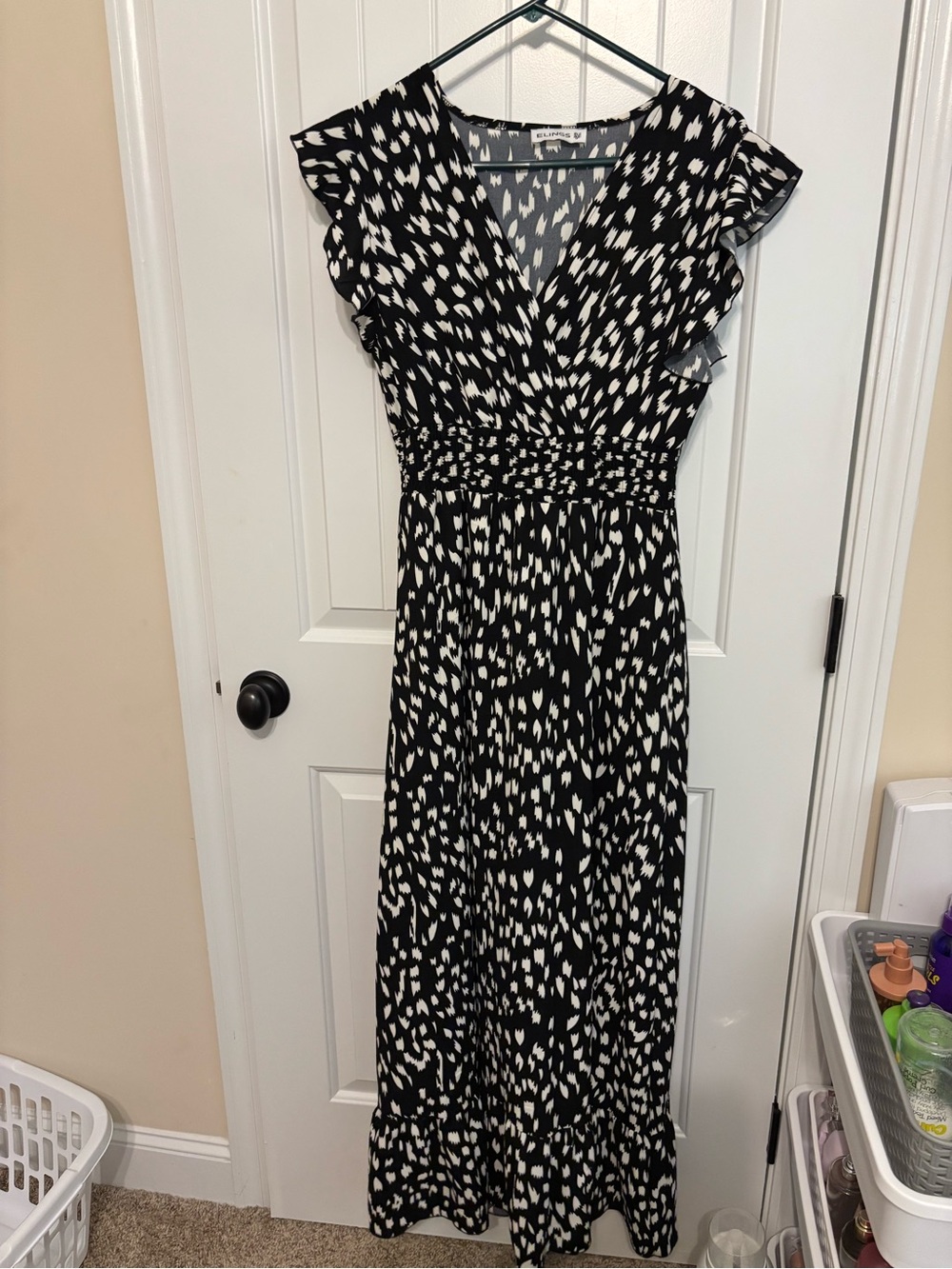 Black & White Printed Maxi Dress with Smocked Waist and Flutter Sleeves